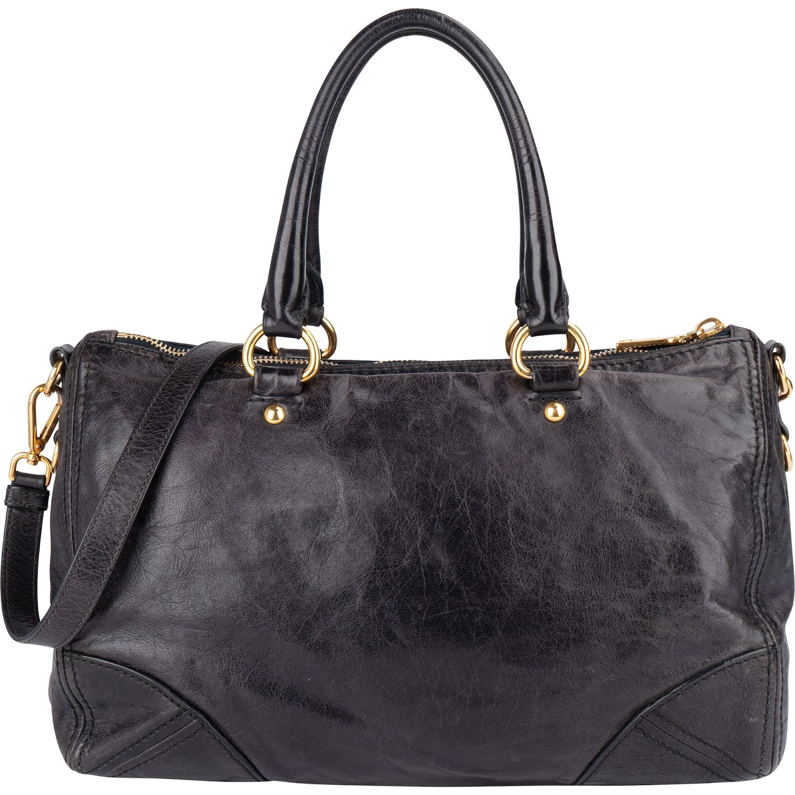 Prada Black Vitello Leather City Handbag - vintageandkickz