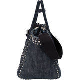 Prada Studded Perforated Denim Suede Handle Shopper Handbag