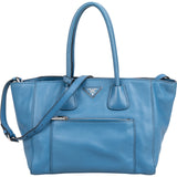 Prada Blue Vitello Daino Leather Shopping Luggage Handbag