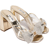 Miu Miu Gold Metallic Leather Embellished Bow Plexi Ribbon Mules Pumps (37)