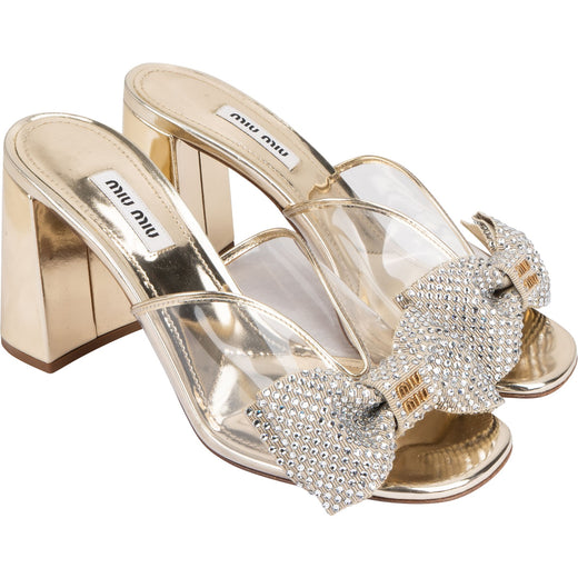 Miu Miu Gold Metallic Leather Embellished Bow Plexi Ribbon Mules Pumps (37)