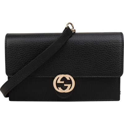 Gucci Black Leather Interlocking GG Wallet On Chain Crossbody Bag