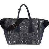 Prada Studded Perforated Denim Suede Handle Shopper Handbag