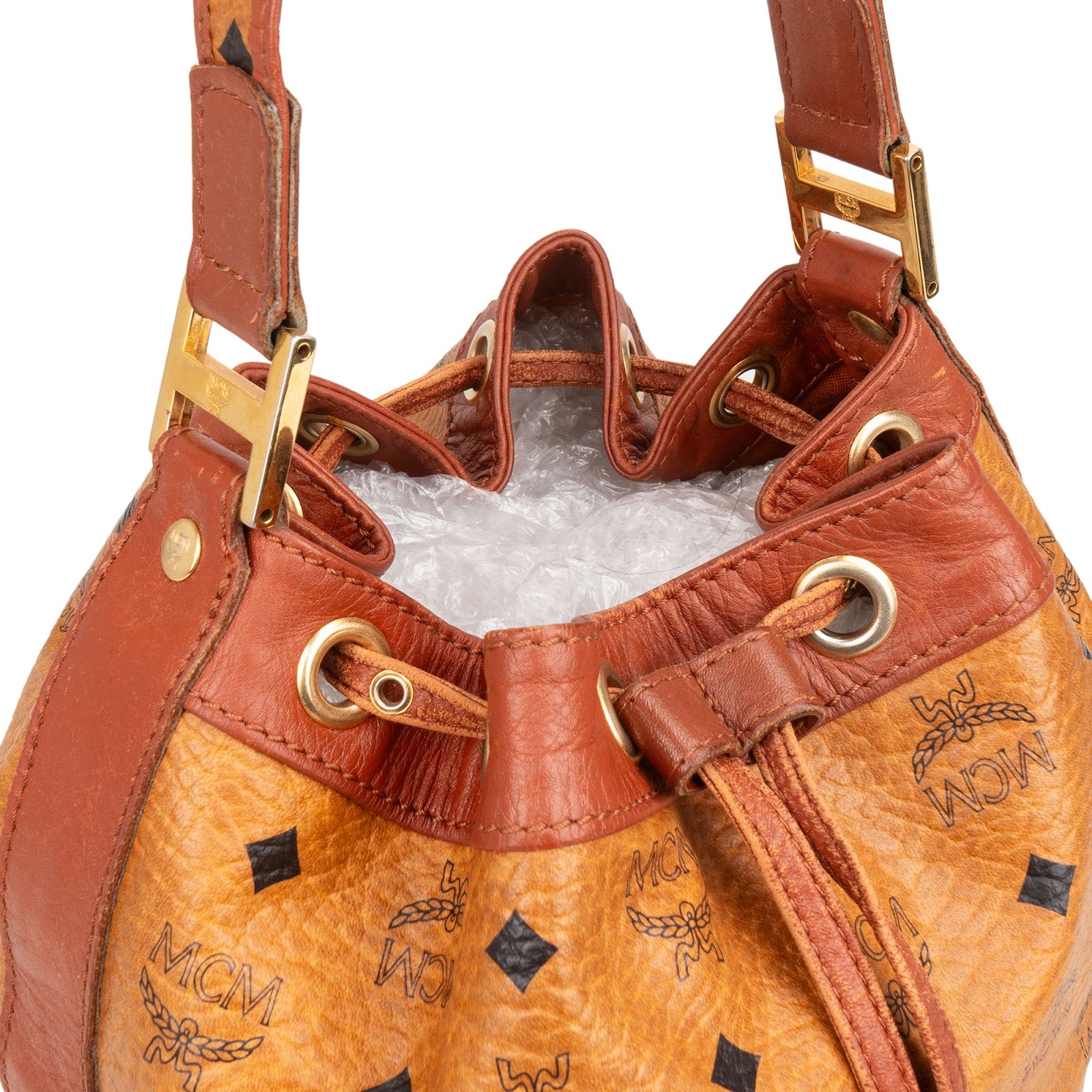 MCM Monogram Visetos Drawstring Bucket Crossbody Bag - vintageandkickz