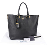 Prada Noir Vitello Phenix Leather Side Zipper Tote Handbag