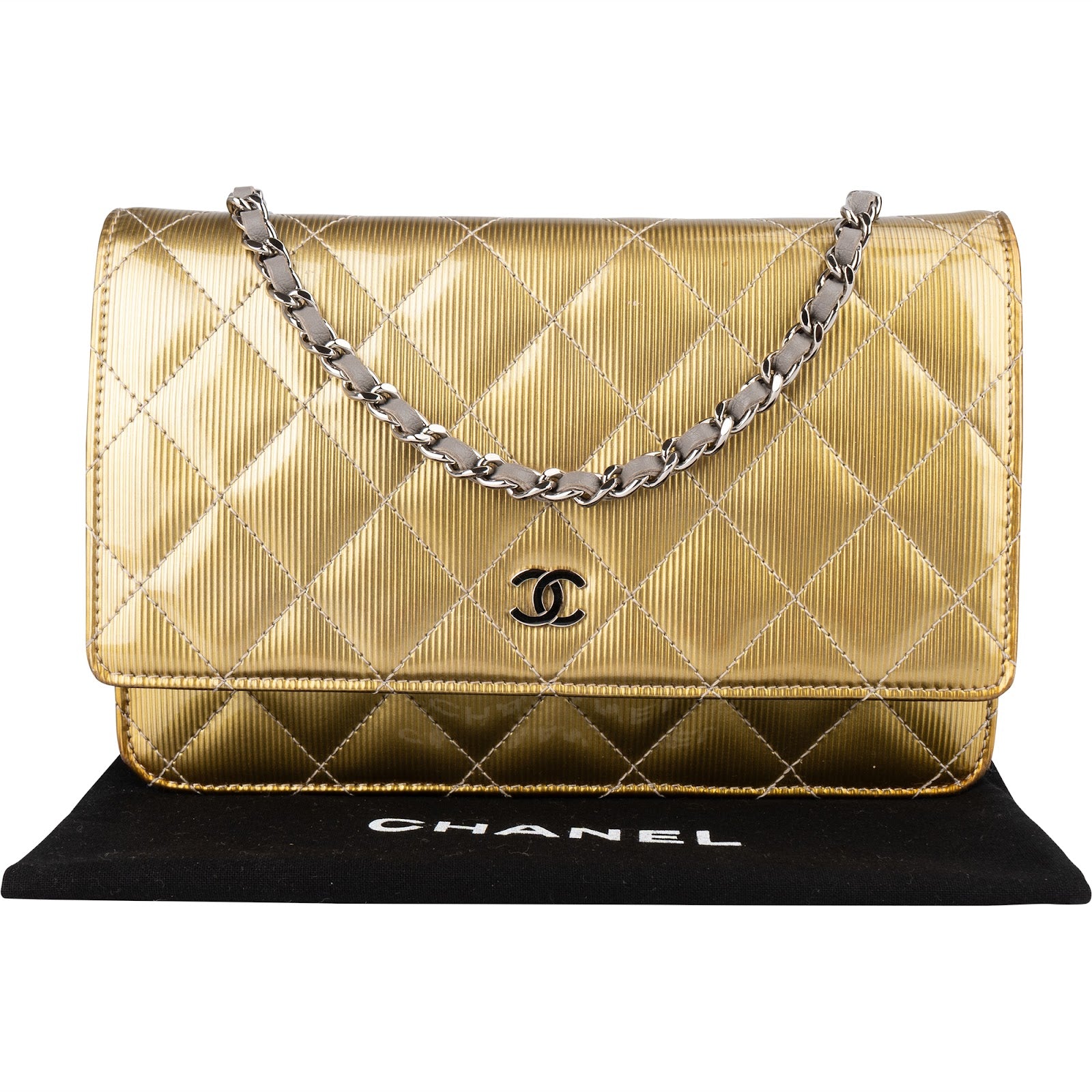 Chanel Ribbed Metallic Patent Leather Wallet On Chain Crossbody Bag - vintageandkickz