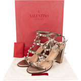 Valentino Bronze Leather Rockstud Caged Block Heel Sandals (38)