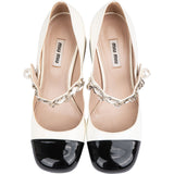 Miu Miu Bicolor Patent Leather Cap-Toe Chain & Pearl Strap Rectangular Pumps (37)