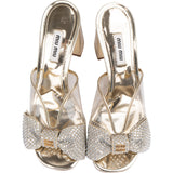 Miu Miu Gold Metallic Leather Embellished Bow Plexi Ribbon Mules Pumps (37)