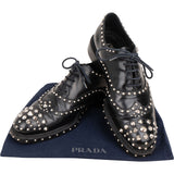 Prada Black Brushed Patent Leather Studded Brogue Loafer Shoes (EU 41)