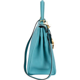 Hermès Taurillon Clemence Leather Gold Kelly 32 Handbag Blue Saint-Cyr