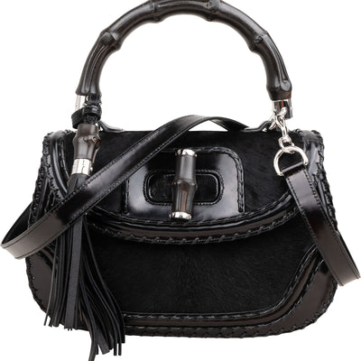 Gucci Black Leather Pony Hair New Bamboo Top Handle Crossbody Bag