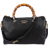 Gucci Black Grained Leather Bamboo Top Handle Boston Handbag