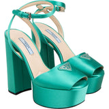 Prada Turquoise Satin Platform Block Sandals Heels (34,5)