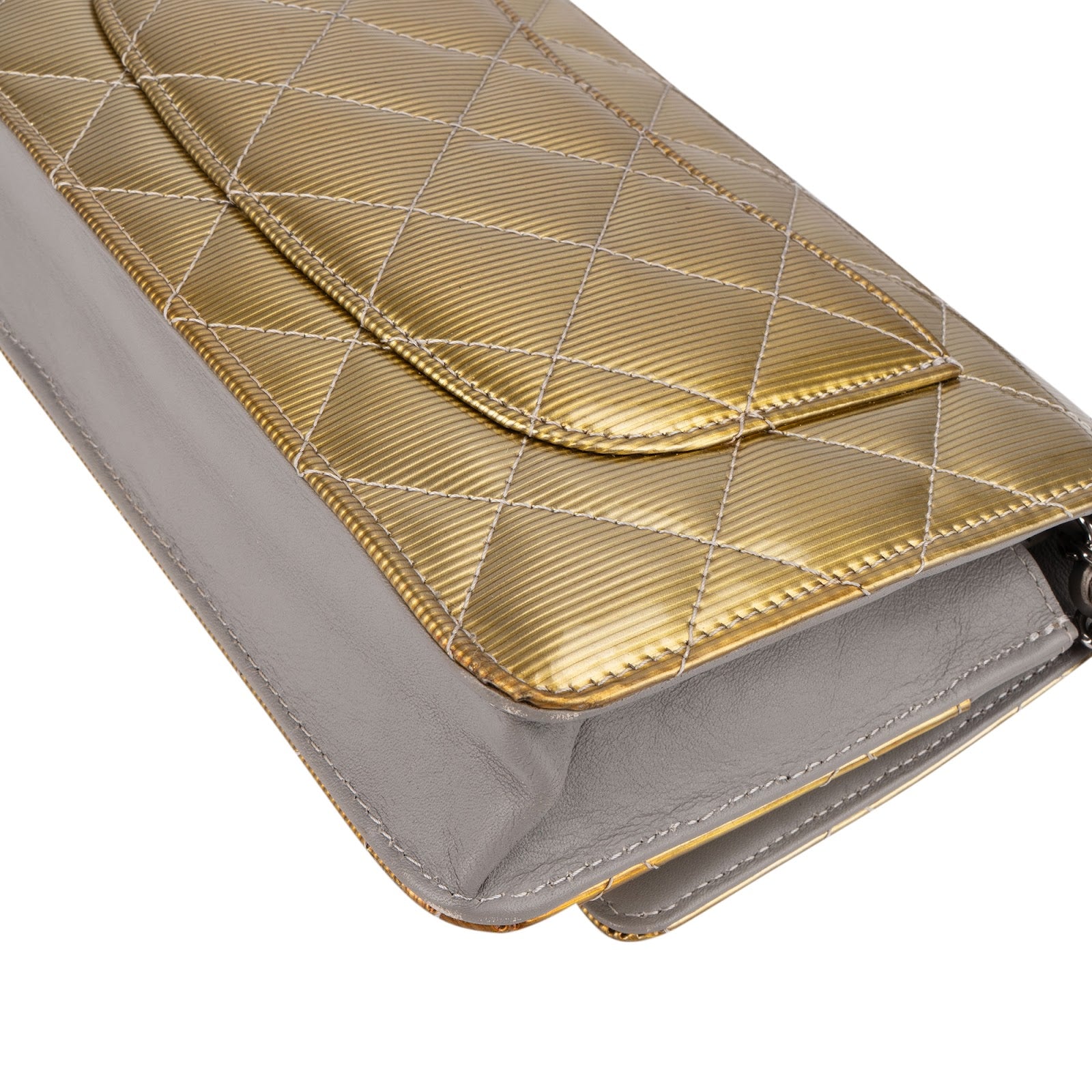 Chanel Ribbed Metallic Patent Leather Wallet On Chain Crossbody Bag - vintageandkickz