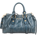 Miu Miu Blue Vitello Lux Leather Drawstring Satchel Handbag xx geruch
