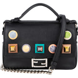 Fendi Leather Mini Baguette Double Flap Plexi Studs Crossbody Bag