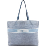 Miu Miu Denim Striped Emblem Tote Shoulder Bag