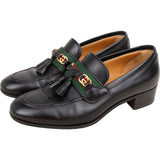 Gucci Black Brushed Leather GG Web Tassels Loafers (34,5)