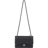 Chanel Quilted Caviar Leather Palladium Jumbo Double Flap Crossbody Bag