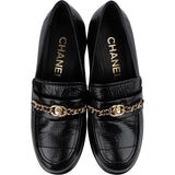 Chanel Black Crinkled Patent Leather CC Chain Platform Loafers (37,5)