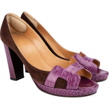 Hermès Purple Alligator Suede H Strap Platform Sandals Shoes (35,5)