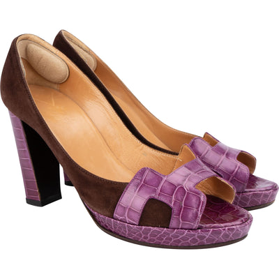 Hermès Purple Alligator Suede H Strap Platform Sandals Shoes (35,5)