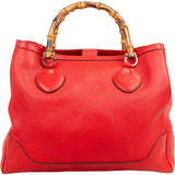 Gucci Red Leather Bamboo Top Handle Large Tote Handbag