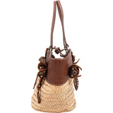 Miu Miu Leather Studded Flower Raffia Basket Shoulder Bag