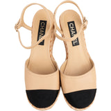 Chanel Beige Leather Cap Toe CC Tweed Wedge Espadrilles Sandals (40)