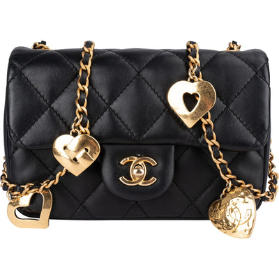 Chanel Quilted Lambskin Heart Charms Mini Rectangular Single Flap Crossbody Bag