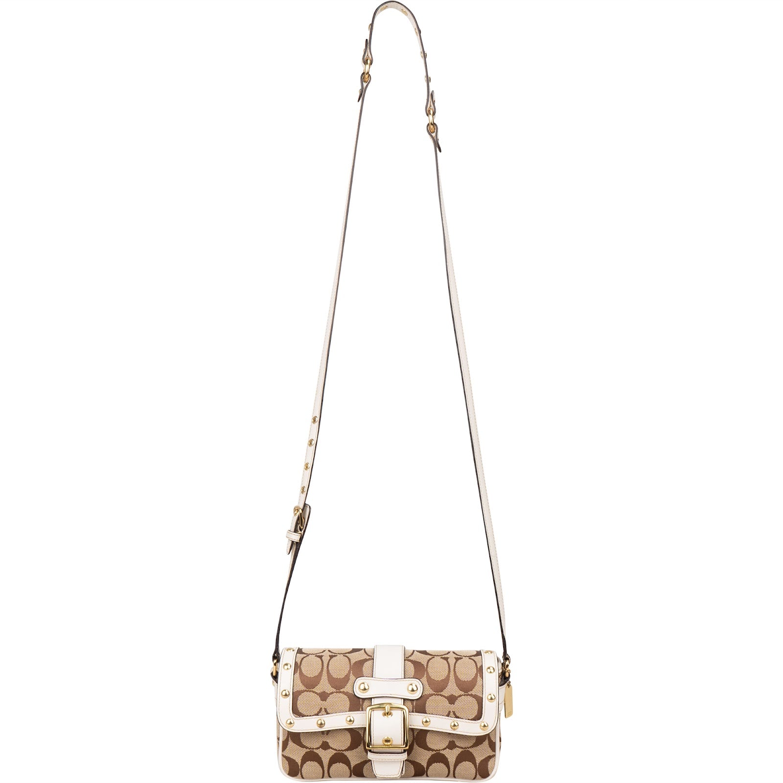 [🔄️B14 / F36] Coach Monogram Signature Canvas Hampton Studded Demi Flap Crossbody Bag - vintageandkickz