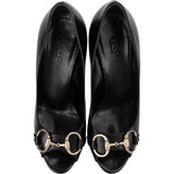 Gucci Black Leather Horsebit Malaga Peep Toe Platform Pumps (35)