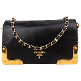 Prada Black Leather Metal Corner Single Flap Crossbody Bag