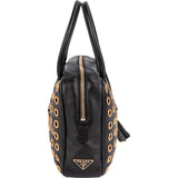 Prada Black Calf Leather Metal Grommet Bauletto Handbag