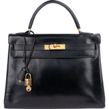Hermès Box Calf Kelly Sellier 28 Handbag xx stempel / auf schwarz gefärbt? - vintageandkickz