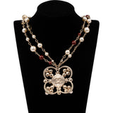 Chanel Double-Strand Gold Pearl Beads Cross Flower Pendant Necklace