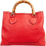 Gucci Red Leather Bamboo Top Handle Large Tote Handbag