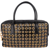 Prada Black Calf Leather Metal Grommet Bauletto Handbag