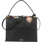 Valentino Black Leather Animal Fantasia Embroidered Joylock Top Handle Handbag
