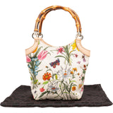 Gucci Floral Print Canvas Bamboo Handle Tote Shoulder Bag