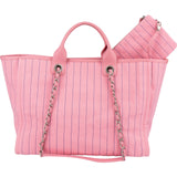 Chanel Canvas Pinstripe Baseball Bicolor Deauville Tote Shopper Shoulder Bag