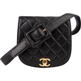 Chanel Black Quilted Lambskin 24K Gold Single Flap Vintage Shoulder Belt Bag