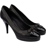Chanel Black Leather Chain Trim Bow Cap Toe Platform Pumps (38)