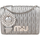 Miu Miu Metallic Silver Matelassé Nappa Leather Crystal Small Crossbody Bag