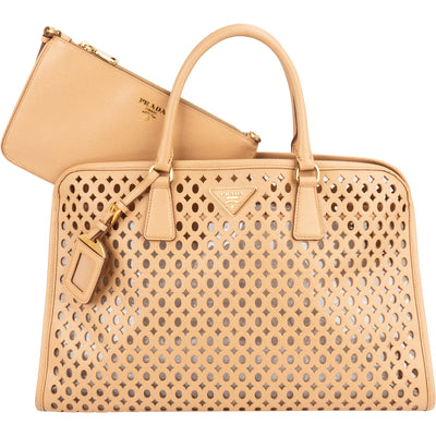 Prada Saffiano Leather Perforated Fori Tote Handbag