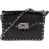 Valentino Garavani Black Line Crinkled Shine Leather Rockstud Flap Crossbody Bag