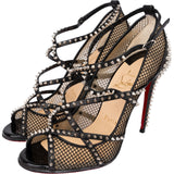Christian Louboutin Black Leather Alarc Rete Mini Resille Studded Mesh Toe Sandals 100 Heels (35)