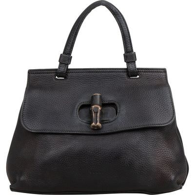 Gucci Black Pebbled Leather Bamboo Handbag
