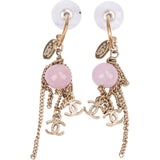 Chanel Gold CC Pink Bead Dangle Earrings